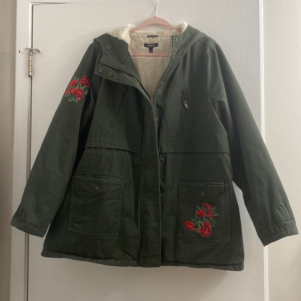 Torrid Green Utility Jacket with Feminine Embroidery